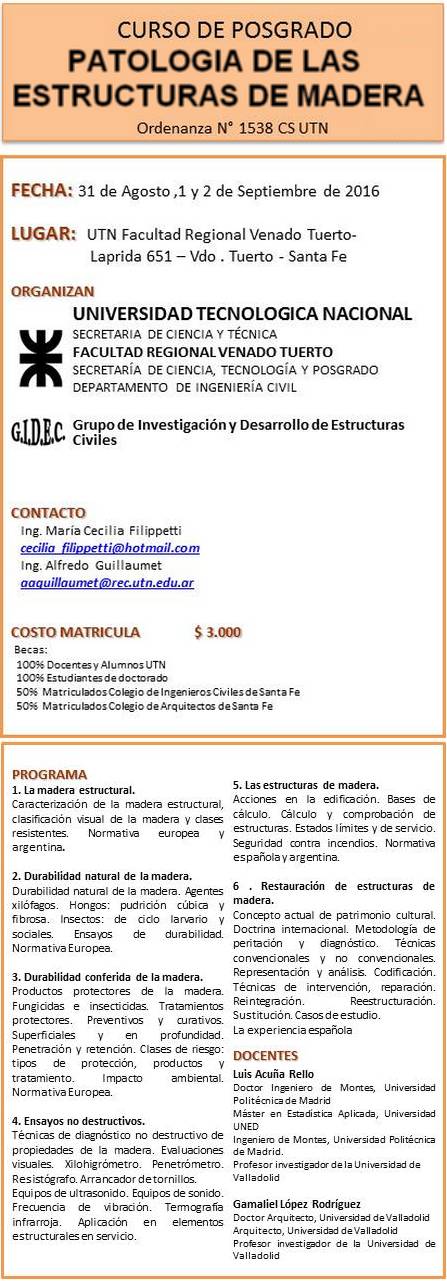 Curso de Posgrado PATOLOGIA DE LAS ESTRUCTURAS DE MADERA